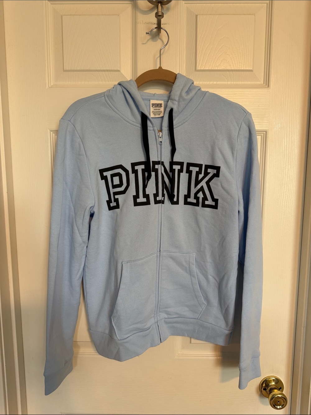 PINK Victoria's Secret Light Blue Zip Hoodie with Black Logo